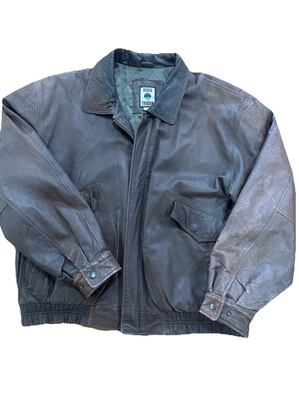 River Trader Men’s XL Genuine Leather Bomber Jacket Brown Insulated Zip Coat